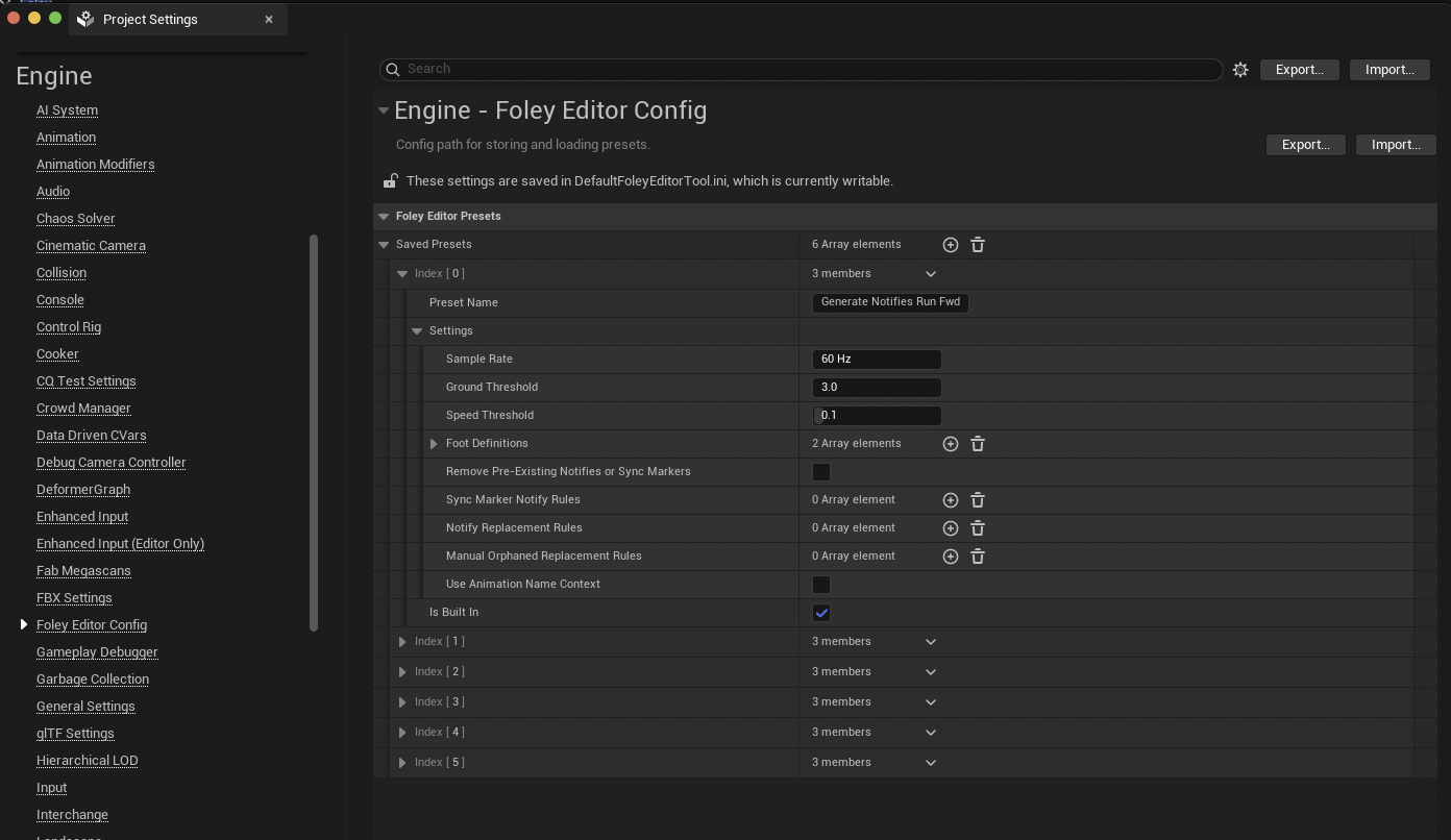 Foley Editor Config developer settings with saved presets