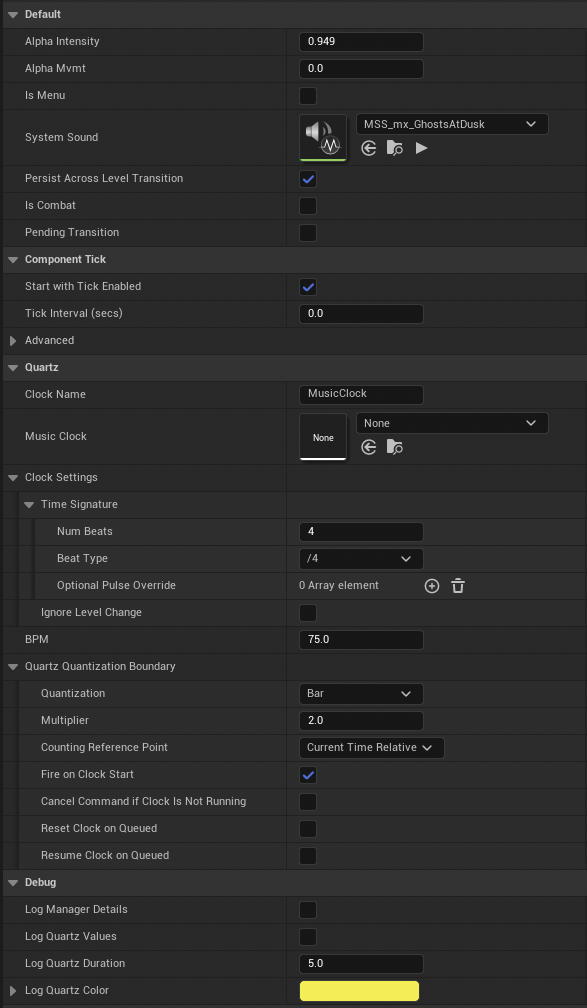 Music Manager class defaults — exposed MetaSound, Quartz, and debug settings