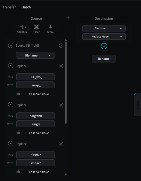 BaseHead batch rename rule stack with live output preview