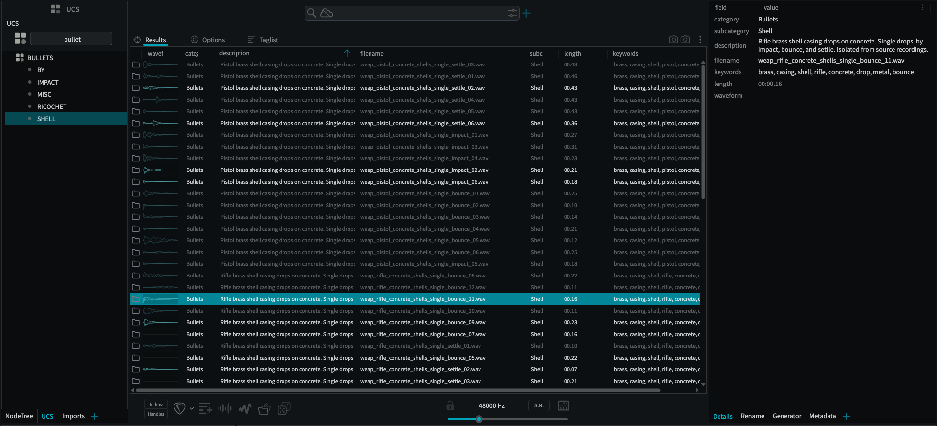 Library categorized to UCS with embedded recording chain metadata