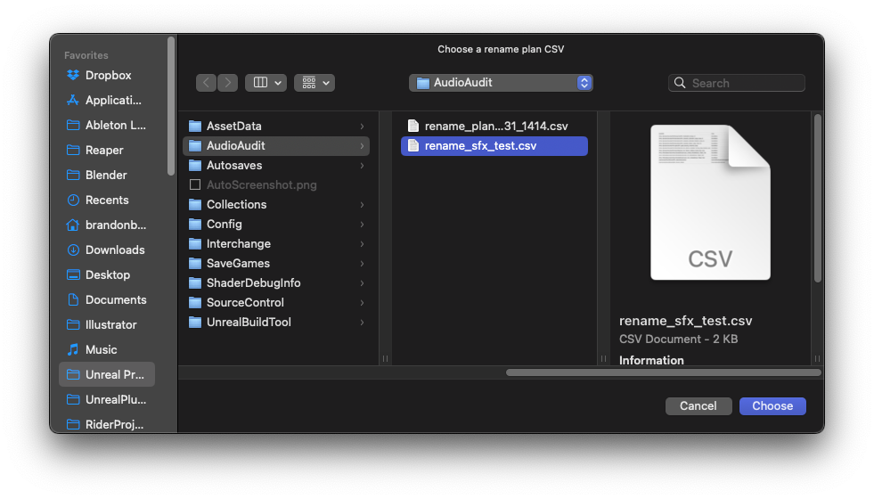 File picker choosing a reviewed rename plan CSV