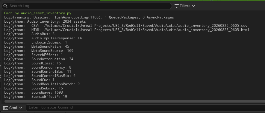 Editor Output Log running the audio inventory script
