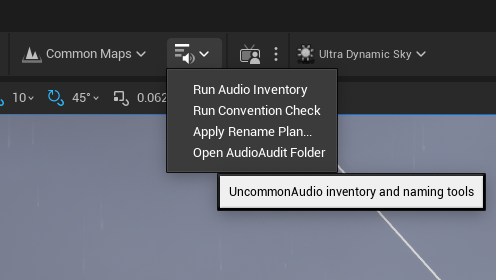 Audio Audit toolbar dropdown registered by the UncommonAudio plugin