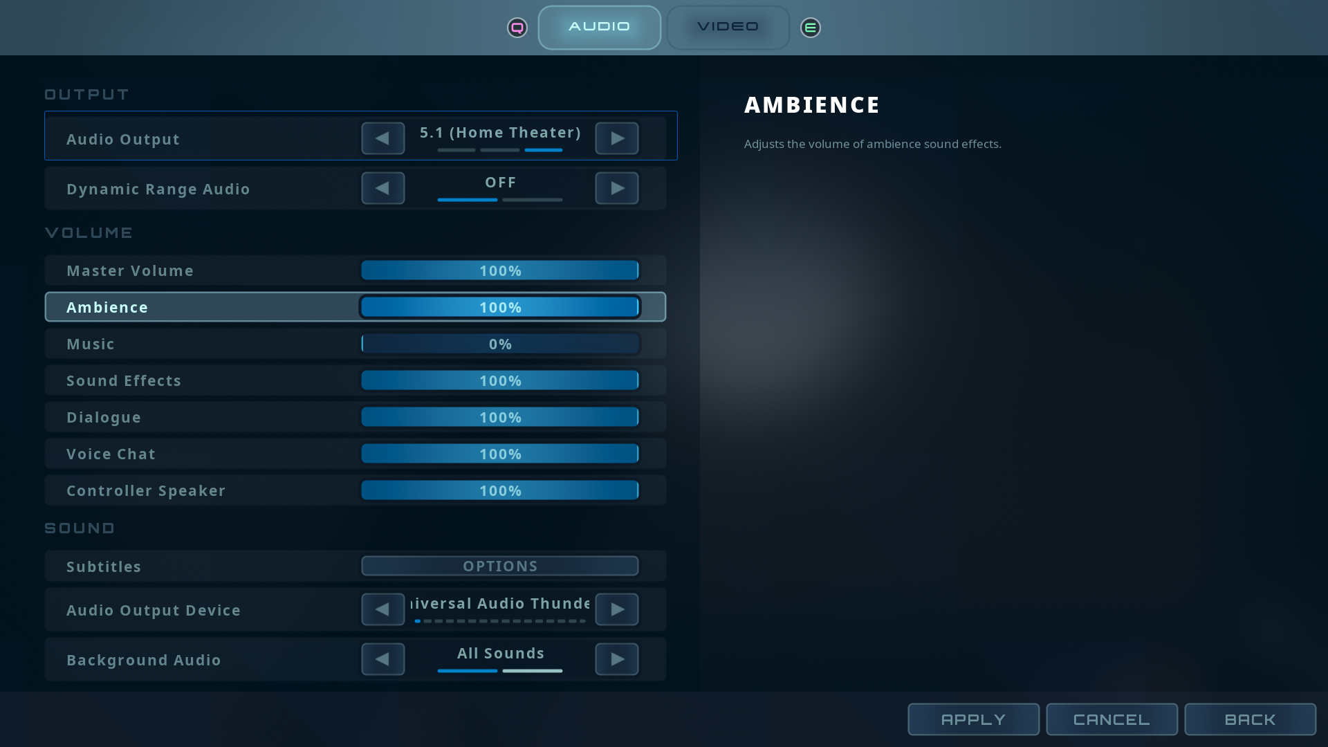 RedCell audio settings menu with ambience