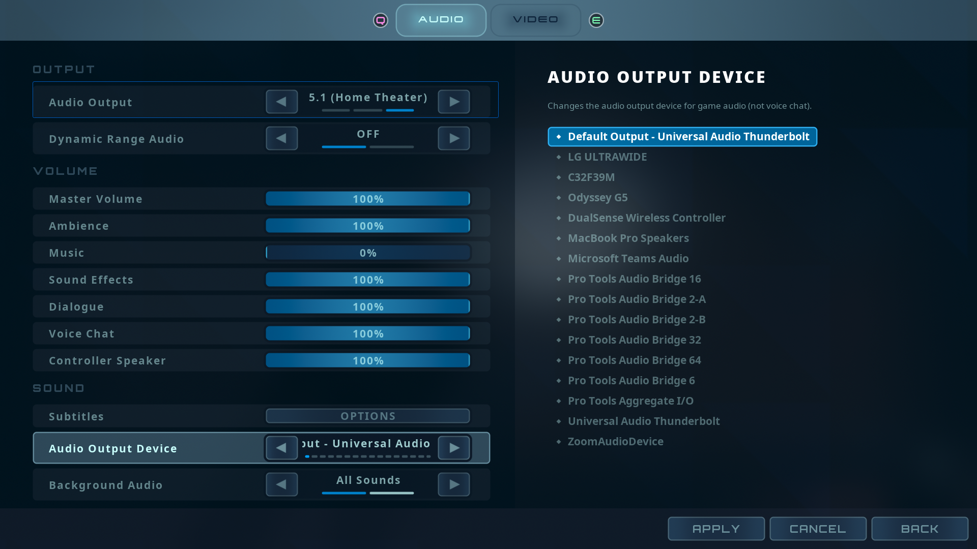 Audio output device selection listing real hardware