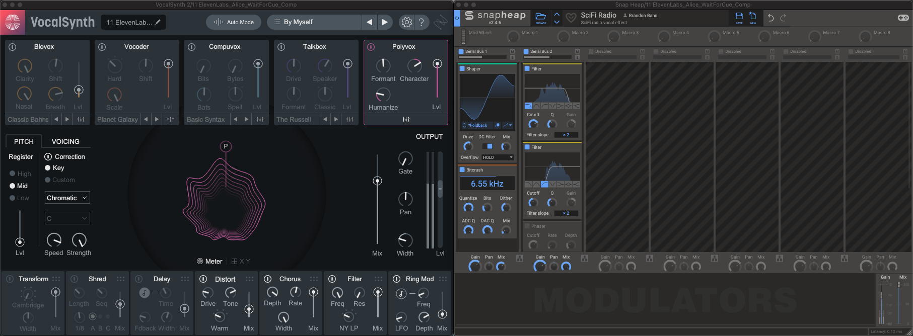 VocalSynth 2 into Snap Heap radio chain for Charlotte's lines
