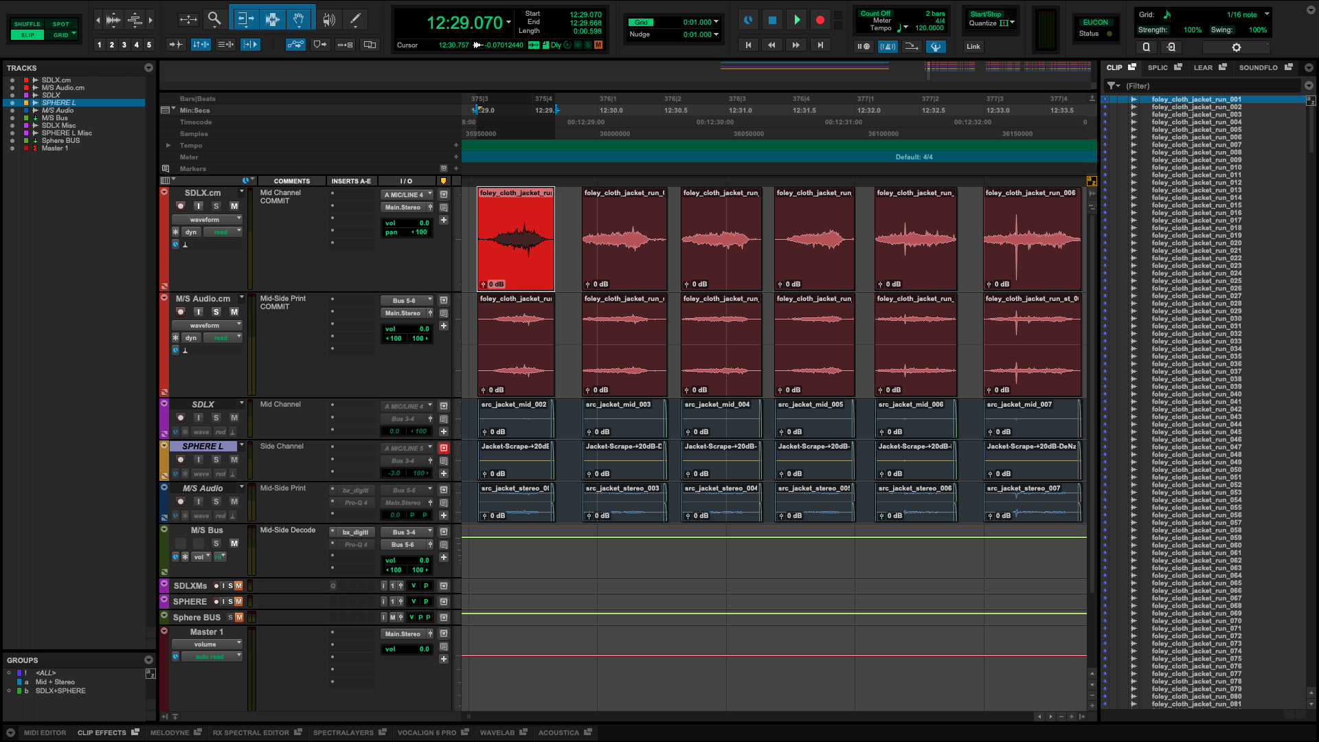 Pro Tools Mid-Side foley session with grouped commit tracks