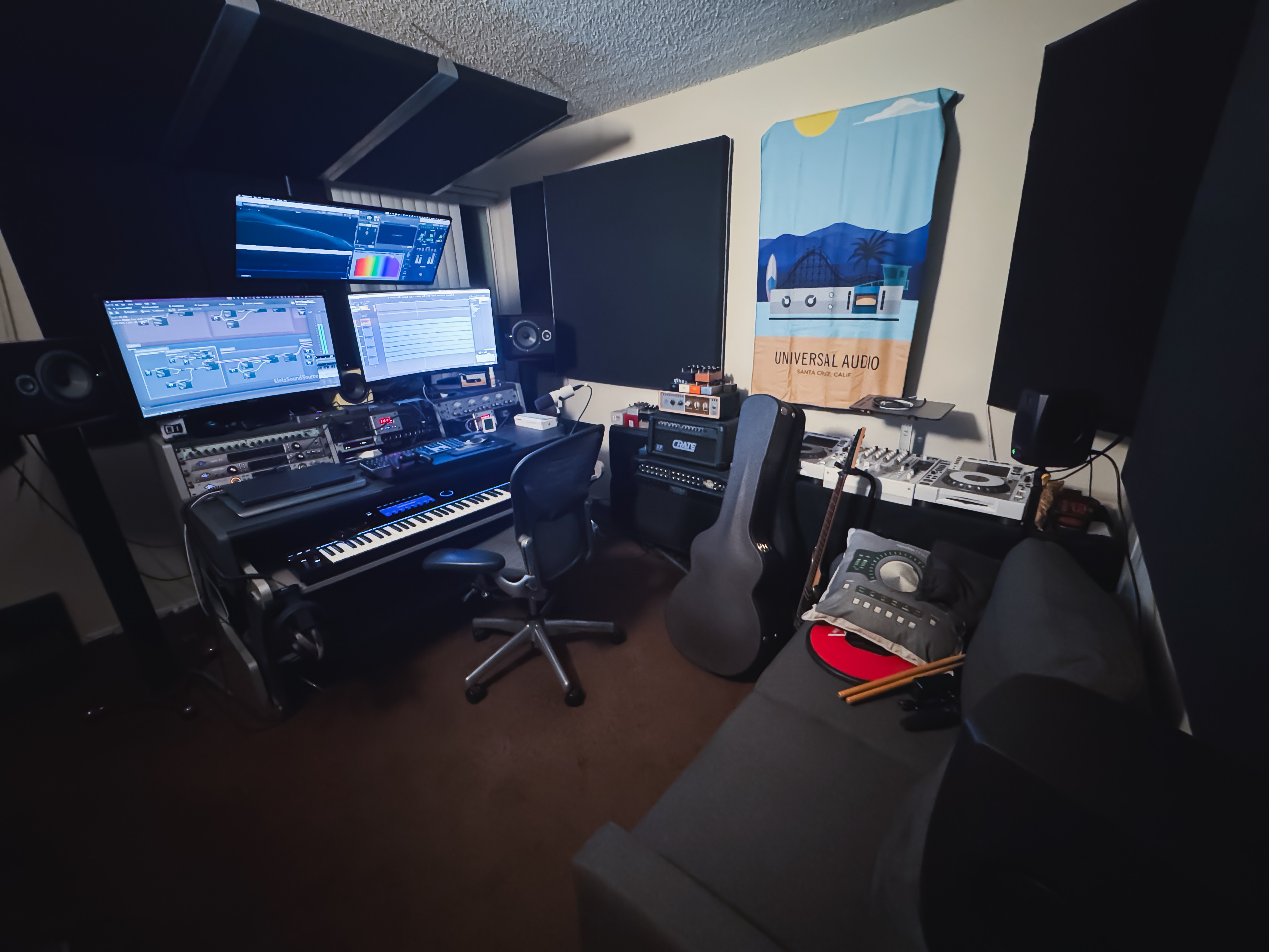 The studio: 5.1 monitoring with surrounds, where every sound on this page was made