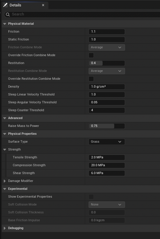 Physical material restitution settings