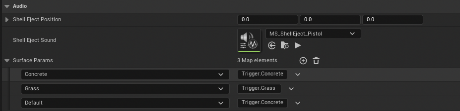 Per-weapon shell eject sound and surface params in class defaults